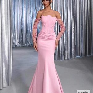 SHEIN Pink Strapless Gown with Lace Sleeves